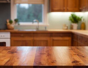 Empty wooden table in the kitchen, blurred background, modern interior style, background for the presentation of products, food, recipes. copy space