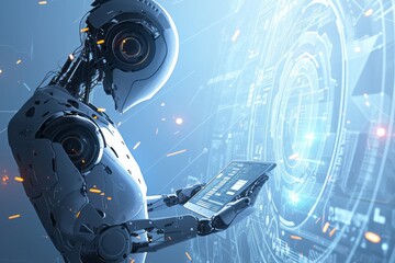 Tech-Savvy Support: Robot AI Assistant with Floating Gears and Digital Tablet Interface, generative ai