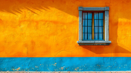 Colorful Facade with Blue Door and Window on Yellow Wall. Generative ai
