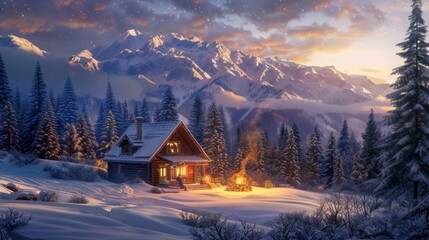 A cozy holiday cabin nestled amidst towering pine trees and snow-capped mountains, with a flickering fire and warm glow emanating from the windows, offering a peaceful retreat for holiday relaxation a - obrazy, fototapety, plakaty