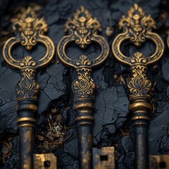 A set of antique keys from a macro lens perspective, capturing their intricate designs - obrazy, fototapety, plakaty