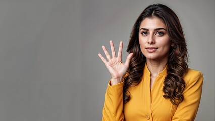 Beautiful woman in yellow jacket showing stop gesture on gray background. - obrazy, fototapety, plakaty