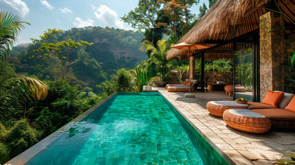 Luxurious villa or resort in a tropical landscape in Indonesia. Hotel with infinity pool overlooking nature. Parasol and chill out area to relax on a trip or vacation. - obrazy, fototapety, plakaty