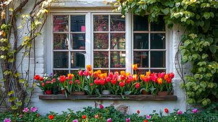 Fototapeta na wymiar Charming Rustic Window with Blooming Tulips. Generative ai
