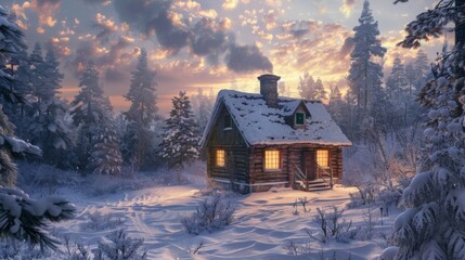 A cozy holiday cabin nestled in a snowy woodland setting, with smoke rising from the chimney and warm light glowing from the windows, offering a peaceful retreat for holiday relaxation and festivities