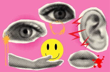 human lip, eyes and hand as retro halftone collage elements