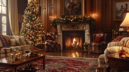 A cozy holiday living room scene, with a crackling fireplace, plush armchairs, and a decorated Christmas tree, creating the perfect setting for intimate family gatherings and cherished holiday traditi - obrazy, fototapety, plakaty