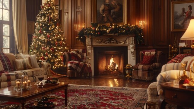 A cozy holiday living room scene, with a crackling fireplace, plush armchairs, and a decorated Christmas tree, creating the perfect setting for intimate family gatherings and cherished holiday traditi
