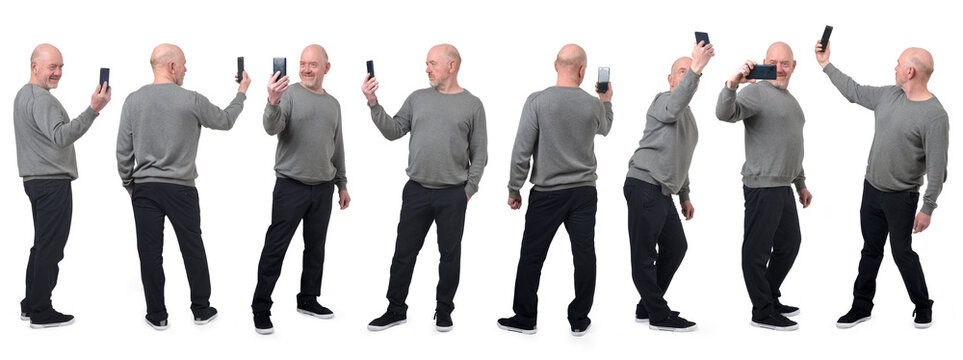 various posing of same man taking a self-portrait with smartphone on white background