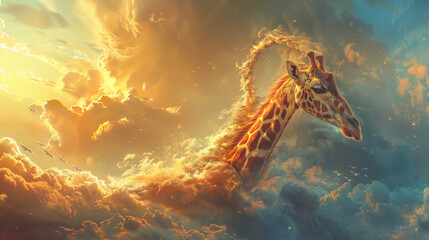 Giraffe neck transforming into a swirling staircase among the clouds, surreal digital art.