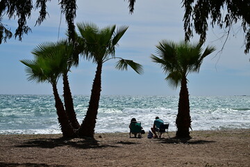 An elder love couple relaxing under palms at the beach of Benidorm-Spain on a warm April day.
