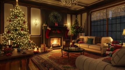 Fototapeta na wymiar A cozy holiday living room scene, with a decorated Christmas tree, plush sofas, and a crackling fireplace casting a warm glow, creating the perfect setting for intimate family gatherings and cherished