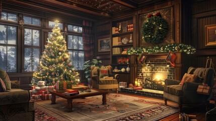 A cozy holiday living room scene, with a decorated Christmas tree, plush sofas, and a crackling fireplace casting a warm glow, creating the perfect setting for intimate family gatherings and cherished - obrazy, fototapety, plakaty