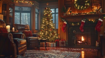 A cozy holiday living room scene, with a decorated Christmas tree, plush sofas, and a crackling fireplace casting a warm glow, creating the perfect setting for intimate family gatherings and cherished - obrazy, fototapety, plakaty