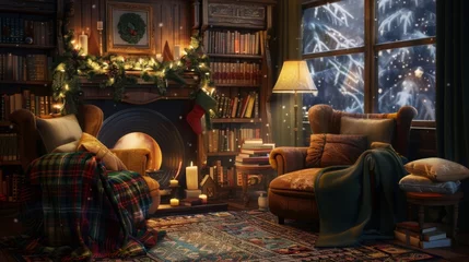 Fotobehang A cozy holiday reading nook, with a crackling fireplace and overstuffed armchairs draped in soft blankets, inviting readers to curl up with a favorite book and immerse themselves in holiday magic. © Haseeb
