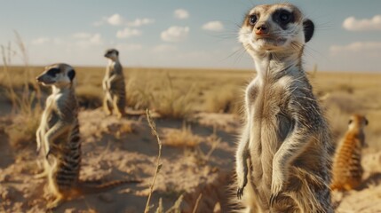 A curious group of meerkats, standing on their hind legs with alert expressions, as they keep watch over their burrow in the sandy plains of the Kalahari Desert. - obrazy, fototapety, plakaty