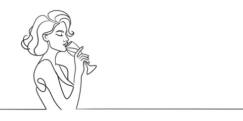 Elegant girl drinks wine or champagne from a glass, continuous line art drawing isolated on white background. Girl enjoying a drink line art drawing. Vector illustration