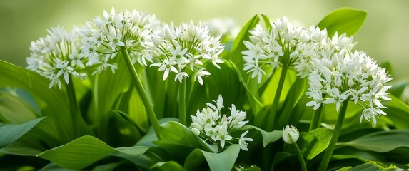 Wild garlic, also called ramson or cowleekes, grows in woodlands. Close-up of white-flowered wild herbs, Generative AI 