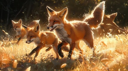 A delightful family of red foxes, frolicking in a sun-dappled meadow, their bushy tails held high as they chase each other playfully through the tall grasses in a game of tag. - Powered by Adobe