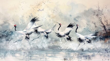 A delightful gathering of red-crowned cranes, performing an elegant courtship dance amidst the...