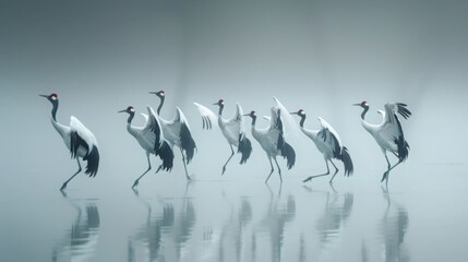 A delightful gathering of red-crowned cranes, performing an elegant courtship dance amidst the...
