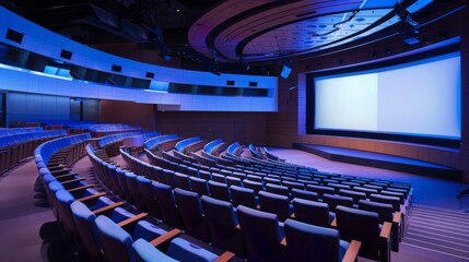 A dynamic business presentation in a state-of-the-art auditorium, with multimedia displays and interactive technology enhancing engagement and communication, as speakers deliver compelling messages to
