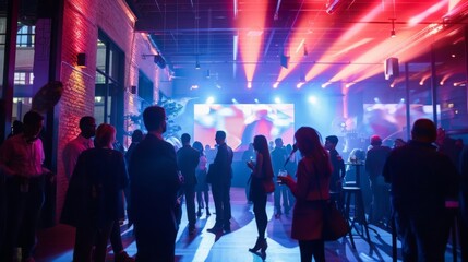 A dynamic product launch event at a trendy venue, with business professionals and media influencers gathering to experience the unveiling of a groundbreaking innovation or disruptive technology.