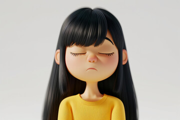 Sad upset disappointed depressed Asian cartoon character girl young woman female person with closed eyes in 3d style design on light background. Human people feelings expression concept - obrazy, fototapety, plakaty
