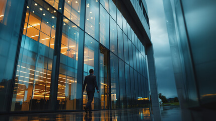 Glass buildings and moving people.