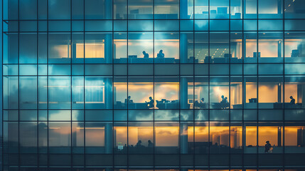 Glass buildings and moving people.