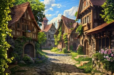 Enchanted Children's Storybook Village Scene with a Cobblestone Road