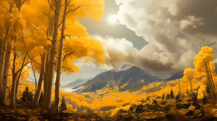 Autumn yellow poplar tree landscape - obrazy, fototapety, plakaty