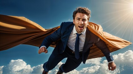 Businessman in superhero costume flying over blue sky. Business success concept