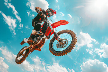 Adrenaline pumps as Colorful Motor cross or Moto X extreme rider is jumping through the air on a...