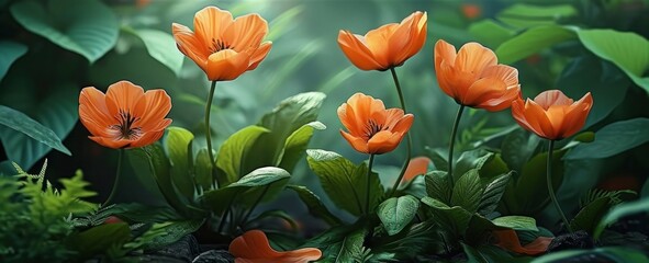 In an isolated garden, the background depicted lush green leaves and vibrant orange flowers, creating a breathtaking spring scenery. The contrasting textures of the petals, Generative AI