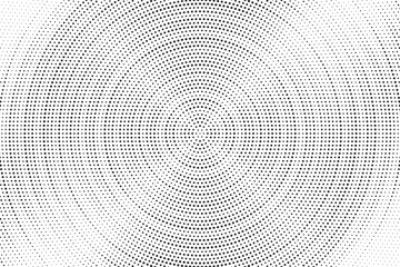 Radial halftone spotted and dotted gradient background. Concentric stains texture with fading effect. Black and white rough wallpaper. Grunge monochrome geometric backdrop. Vector illustration.