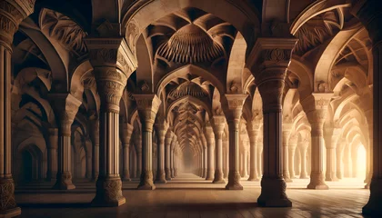 Fotobehang The interior of an ancient mosque. The architecture features a forest of towering columns supporting a series © Tanicsean