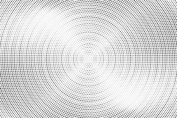 Radial halftone dots. Spotted and dotted stains gradient background. Concentric comic texture with fading effect. Black and white rough gritty wallpaper. Grunge monochrome geometric backdrop. 