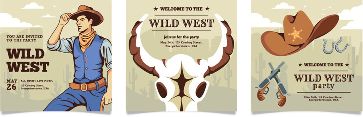 Collection of Wild West cowboy party posters.