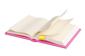 Open book with pink hardcover 3d render illustration.