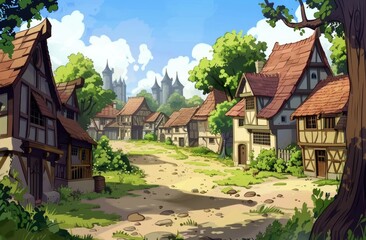 Naklejka premium Medieval Cartoon Village Street: Children's Story Fairytale Background