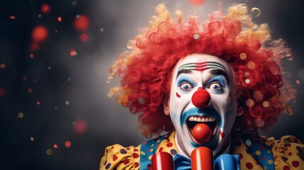 Funny clown with colorful balloons and confetti with isolate background. April Fool's Day concept - obrazy, fototapety, plakaty