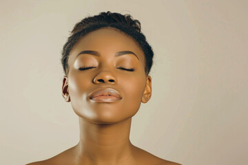 Photo of a beautiful, young African American woman inhaling air with her eyes closed against a light background. - obrazy, fototapety, plakaty