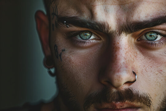 Close-up portrait of man with piercing