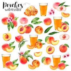 Watercolor illustration of peaches set close up. A large set with different peach varieties, on a branch with leaves, flowers, glass of juice and sliced peaches. 