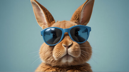 close-up of a whimsical, orange-brown rabbit wearing blue sunglasses against a soft blue background
