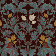 Floral vintage seamless pattern for retro wallpapers, textiles, designs. Enchanted Vintage Flowers. Arts and Crafts movement inspired.
