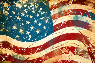 Independence Day Celebration. A flag with stars and stripes is splattered with paint. The splatters give the flag a vintage, worn look. Generative AI