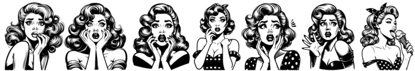 Fototapeta na wymiar terrified pin-up girl vintage comic style, black silhouette vector, beauty woman cartoon print, retro clipart pin up illustration