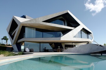 An avant-garde villa with geometric architecture and pool reflects modern luxury living.